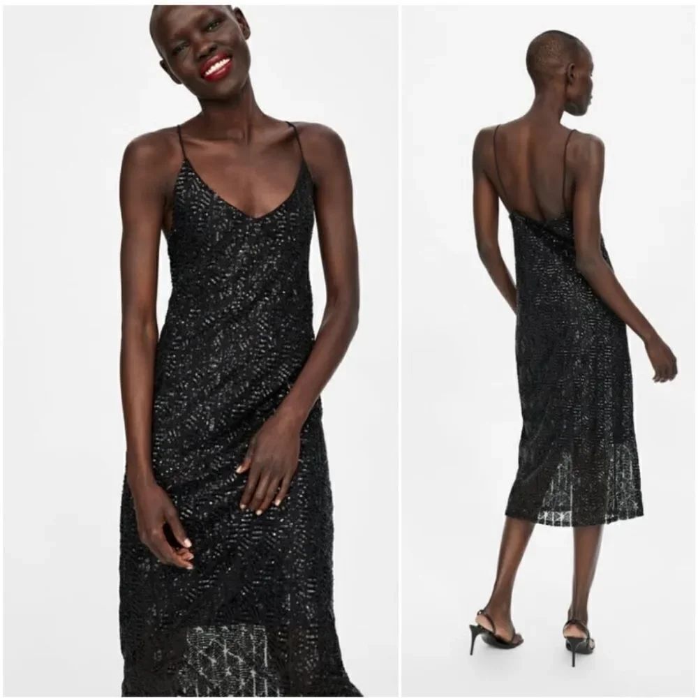 Zara Midi Sequin Spaghetti Strap Cocktail Dress Size Small